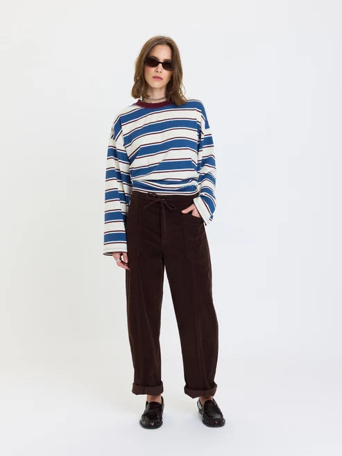 Daze Villa High Rise Drawstring Barrel Jean in Chocolate Cord