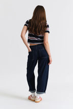 Daze Villa High Rise Drawstring Barrel Jean in Blue Mood