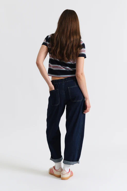 Daze Villa High Rise Drawstring Barrel Jean in Blue Mood