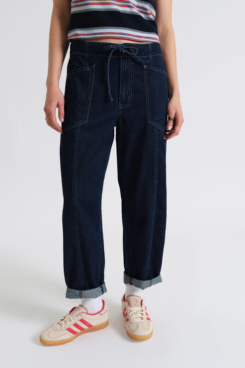 Daze Villa High Rise Drawstring Barrel Jean in Blue Mood
