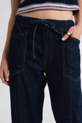 Daze Villa High Rise Drawstring Barrel Jean in Blue Mood