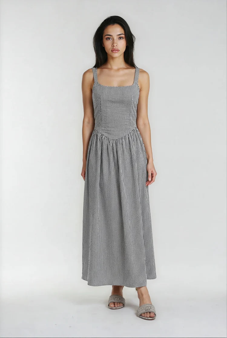 Priv Jules Tie Back Dress In Black Stripe